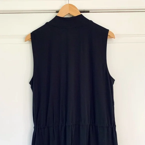 Eileen Fisher Shift Dress Mock Neck Drawstring Jersey Black Sleeveless Size L